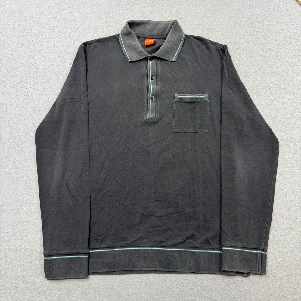 BOSS Hugo Boss Polo Shirt Men's Large Gray Long Sleeve Quarter Zip Orange Label